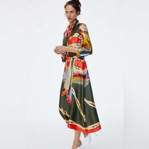Zara Scarf Versace Print inspired Silky  Sash Belt Midi Dress - XS